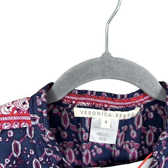 Veronica Beard Silk‎ Dress VNeck Cap Sleeve Ruffled Hem Purple Geo Print Women 3 - Picture 4 of 6